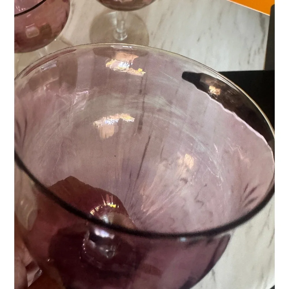 Vintage Amethyst Purple Iridescent Optic Ribbed Wine Glasses Set of 4, 6.5